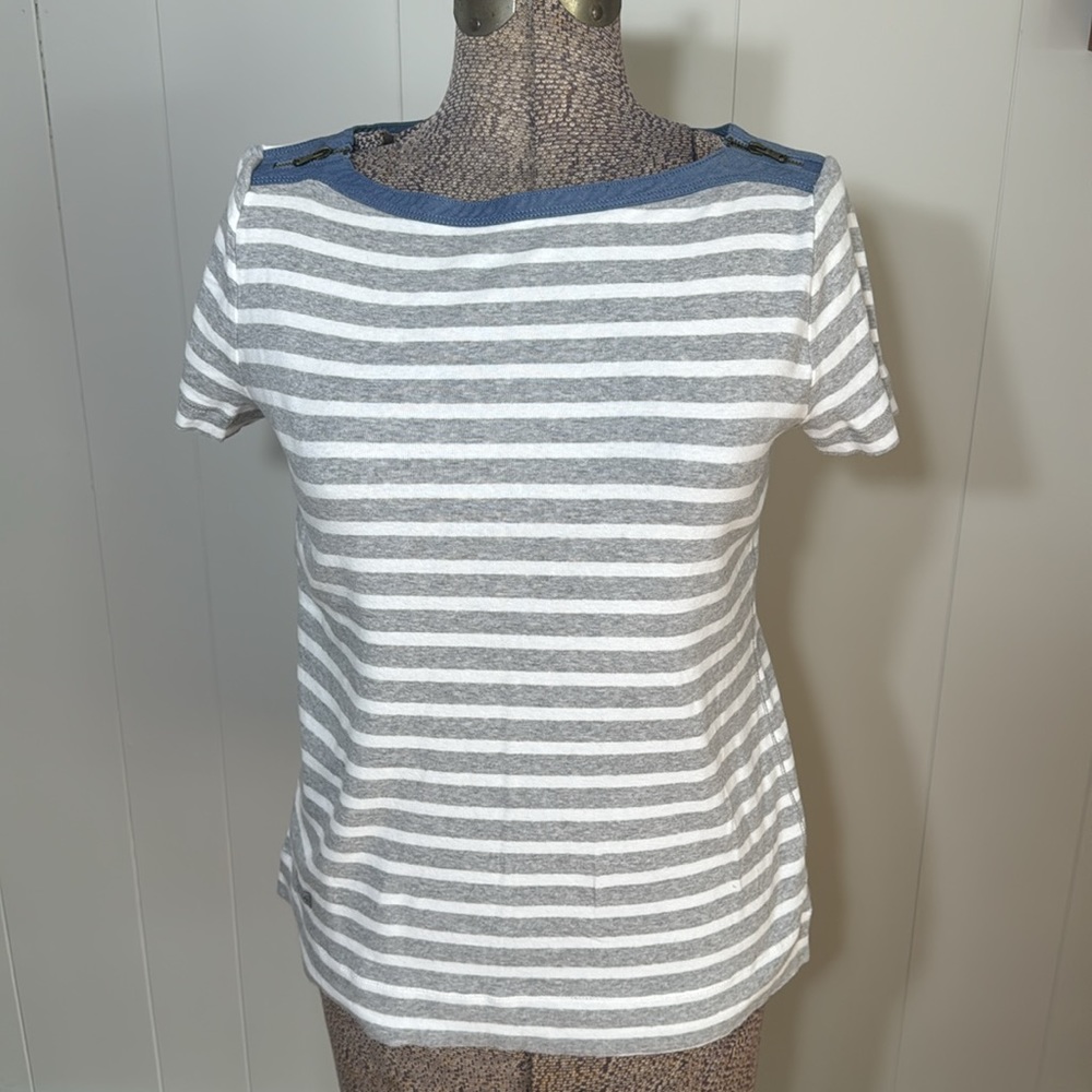Lauren Ralph Lauren Womens Large Gray and White Stripe Short Sleeve Blouse